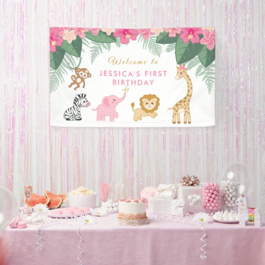 Wild ONE - Pink Safari Girl's ERSTER Geburtstag Banner (Party)