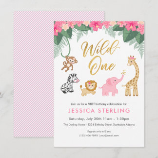 Wild ONE - Pink Safari Girl's ERSTER Geburtstag Einladung