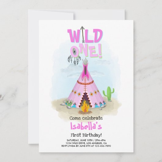 Wild One Pink Tribal Teepee Girl Birthday Einladung (Vorderseite)