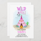 Wild One Pink Tribal Teepee Girl Birthday Einladung (Vorne/Hinten)