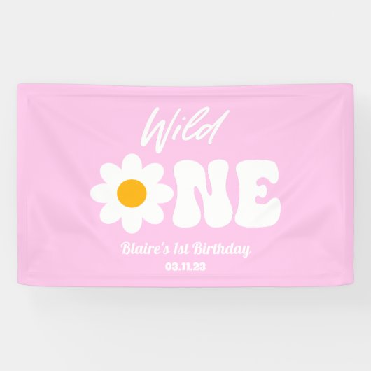 Wild One Pink White Daisy Retro 1. Geburtstag Banner (Horizontal)