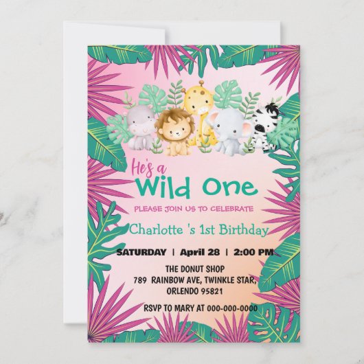 Wild One Pink Zoo Dschungel 1st Animal Birthday Gi Einladung (Vorderseite)