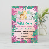 Wild One Pink Zoo Dschungel 1st Animal Birthday Gi Einladung (Stehend Vorderseite)
