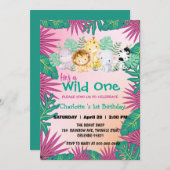 Wild One Pink Zoo Dschungel 1st Animal Birthday Gi Einladung (Vorne/Hinten)
