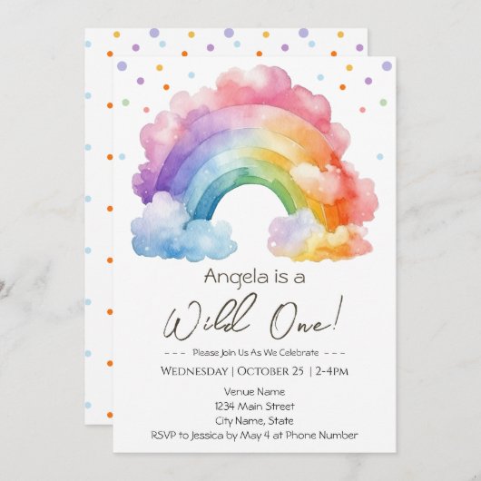 Wild One Rainbow Kindergeburtstag Einladung (Vorne/Hinten)