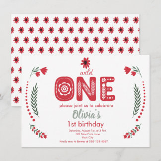 Wild One - Red Floral Folk Art 1. Geburtstag Party Einladung