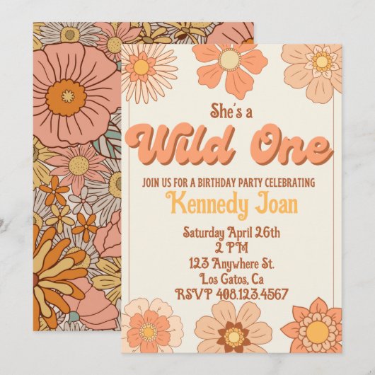 Wild One Retro Blume Einladung (Vorne/Hinten)
