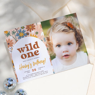 Wild One Retro Boho Wildflower 1. Geburtstag Foto Einladung
