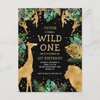 Wild One Safari 1. Geburtstag Black Gold Green Einladungspostkarte