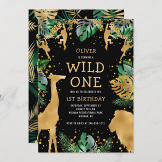 Wild One Safari 1. Geburtstag Black Green Gold Einladung