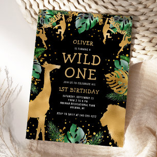 Wild One Safari 1. Geburtstag Black Green Gold Einladung