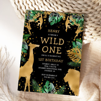 Wild One Safari 1. Geburtstag Black Green Gold Einladung