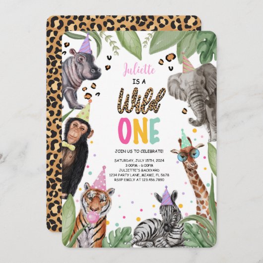 Wild One Safari 1. Geburtstag Einladung (Vorne/Hinten)