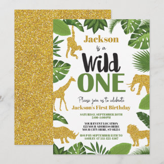 Wild One Safari 1. Geburtstag Einladung Boy Gold