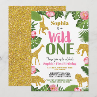Wild One Safari 1. Geburtstag Einladung Girl Gold