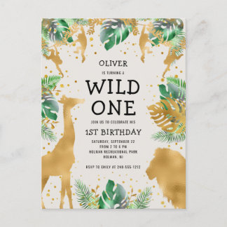 Wild One Safari 1. Geburtstag Green Gold Ecru Einladungspostkarte