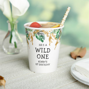 Wild One Safari 1. Geburtstag Grün Gold Weiß Pappbecher
