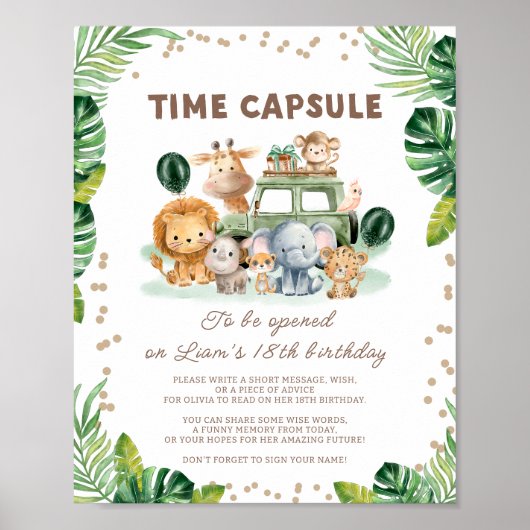 Wild One Safari 1st Birthday Time Capsule Sign Poster (Vorne)
