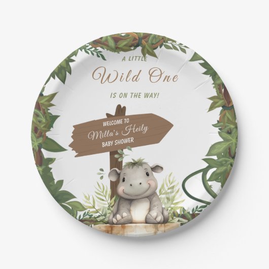 Wild One Safari Adventure Baby Hippo Baby Shower Pappteller (Vorderseite)
