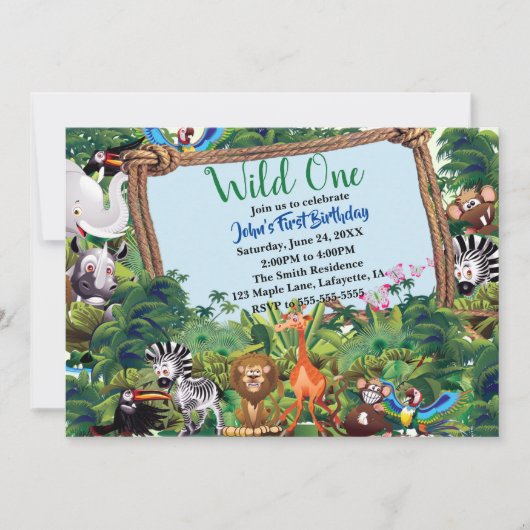 Wild One Safari Animal Birthday Party Einladung (Vorderseite)