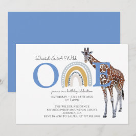 Wild One Safari Animal Blue Boy's First Birthday Einladung