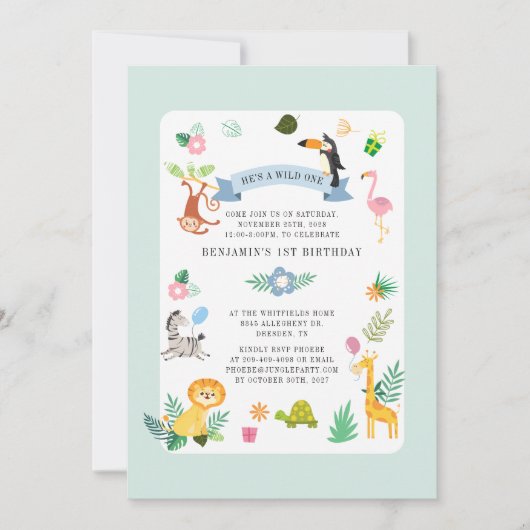 Wild One Safari Animal Gender Neutral 1. Geburtsta Einladung (Vorderseite)