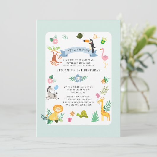 Wild One Safari Animal Gender Neutral 1. Geburtsta Einladung (Stehend Vorderseite)