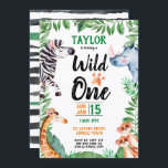 Wild One Safari Animal Kids 1. Geburtstag Einladung<br><div class="desc">Watercolor Wild 1 1. Geburtstag Safari Tier Kindergeburtstag Einladung. Zebra,  Rhinozeros,  Giraffen und Mücken mit Blätter zu Safari-Themen. Wild One Kindergeburtstag Einladungen für ein Safari Wild Ding Party. www.SamAnnDesigns.com</div>