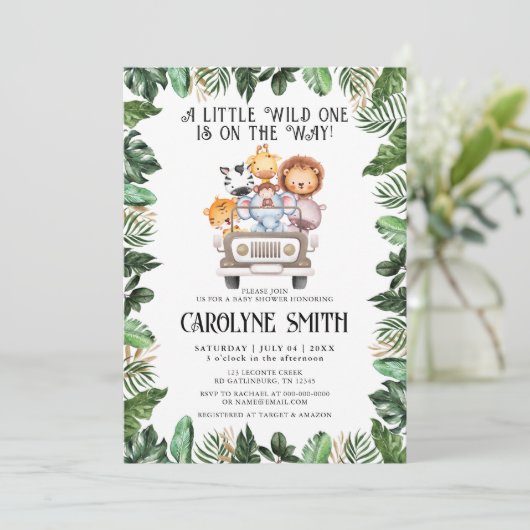 Wild One Safari Animal Tropical Jungle Baby Dusche Einladung (Stehend Vorderseite)