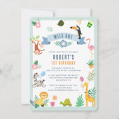 Wild One Safari Animals 1. Geburtstags-Dschungel-P Einladung (Vorderseite)