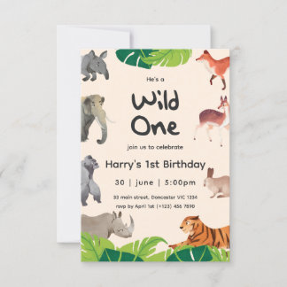 Wild One Safari Animals 1st Baby Boy Geburtstag Einladung