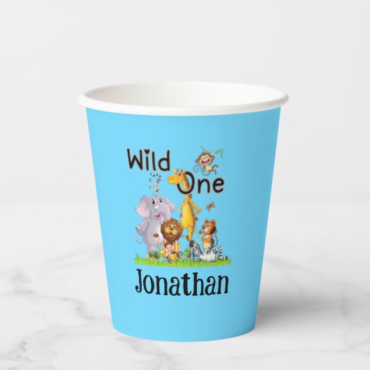 Wild One Safari Animals 1st Birthday cartoon Invit Pappbecher (Vorderseite)