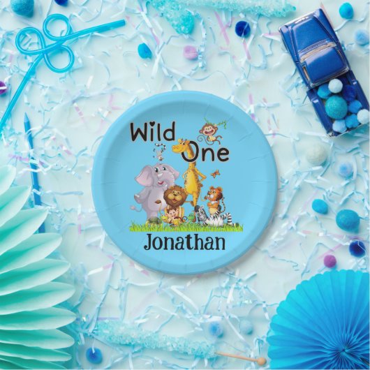 Wild One Safari Animals 1st Birthday cartoon Invit Pappteller (Party)