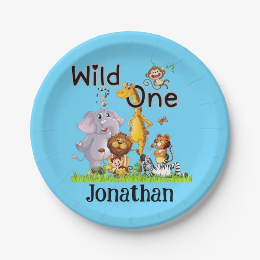 Wild One Safari Animals 1st Birthday cartoon Invit Pappteller (Vorderseite)