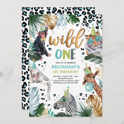 Wild One Safari Animals 1st Boy Birthday Party Einladung (Vorne/Hinten)