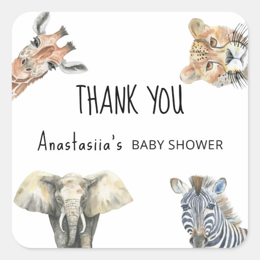 Wild One Safari Animals Baby Shower DANKE Quadratischer Aufkleber (Vorderseite)