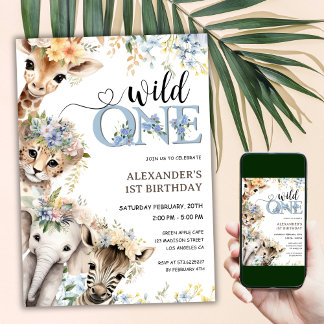 Wild One Safari Animals Boy 1. Geburtstag Einladung