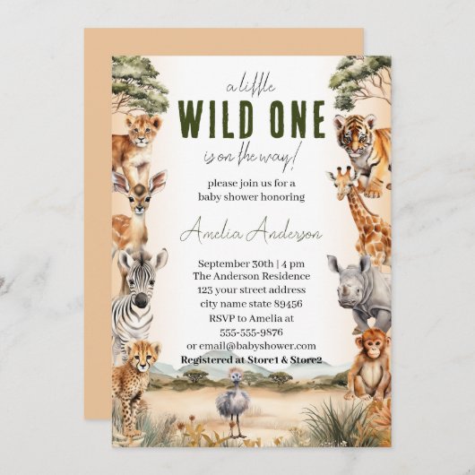 Wild One Safari Animals Boy Baby Shower Einladung (Vorne/Hinten)