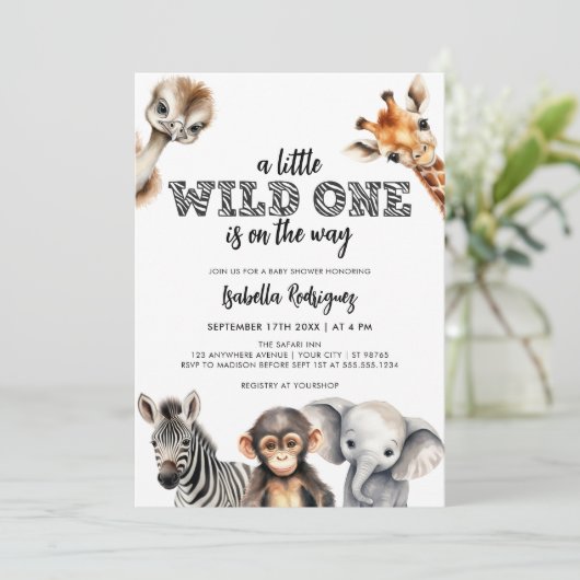 Wild One Safari Animals Boy Baby Shower Einladung (Stehend Vorderseite)