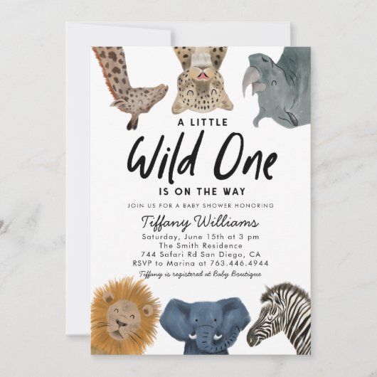 Wild One Safari Animals Boy Baby Shower Einladung (Vorderseite)