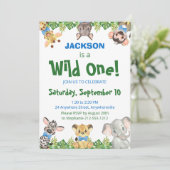 Wild One Safari Animals Boy First Birthday Invita Einladung (Stehend Vorderseite)