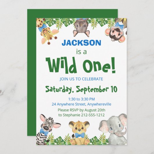Wild One Safari Animals Boy First Birthday Invita Einladung (Vorne/Hinten)