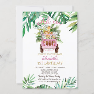 Wild One Safari Animals Car,Blätter 1. Geburtstag Einladung