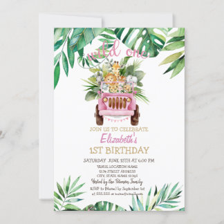 Wild One Safari Animals Car,Blätter 1. Geburtstag Einladung