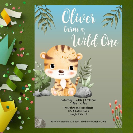 Wild One Safari Animals Cute Tiger 1st Birthday Einladung