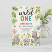 Wild One Safari Animals Geburtstagseinladung Einladung (Stehend Vorderseite)