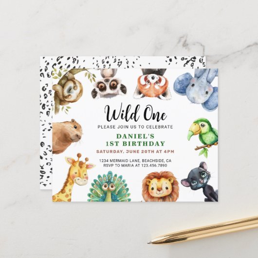 Wild One Safari Animals Geburtstagsjunge Einladung (Vorderseite/Rückseite Beispiel)