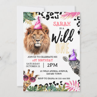 Wild One Safari Animals Girl 1. Geburtstag Party Einladung