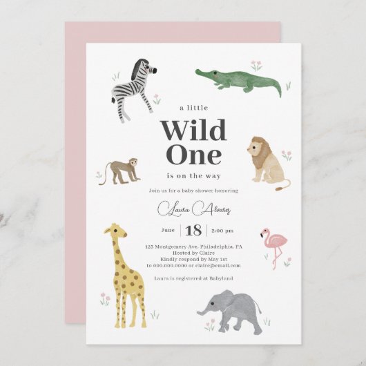 Wild One Safari Animals Girl Baby Shower Einladung (Vorne/Hinten)