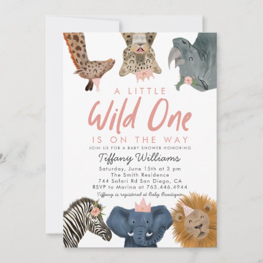 Wild One Safari Animals Girl Baby Shower Einladung (Vorderseite)